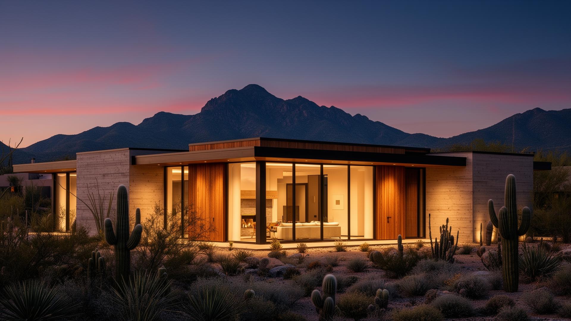 Luxury contemporary desert home in Tucson at twilight